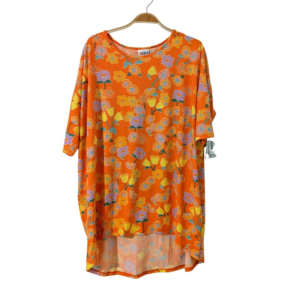 LuLaRoe Irma Tunic Top Large Orange Floral Retro High Low Short‎ Sleeve NEW
